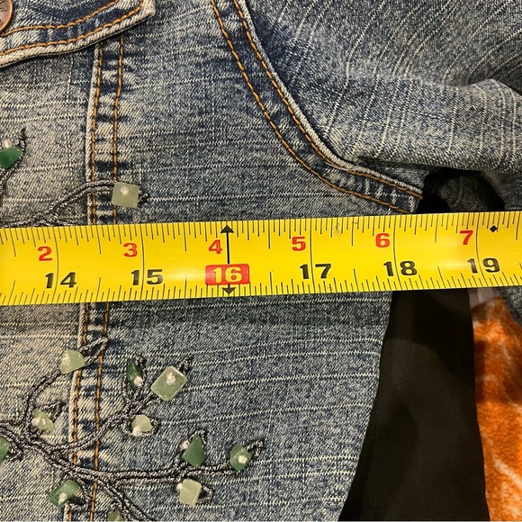 Mango Denim Embellished Jean Jacket Button Up Embroidered Size Medium Vintage - Picture 7 of 12